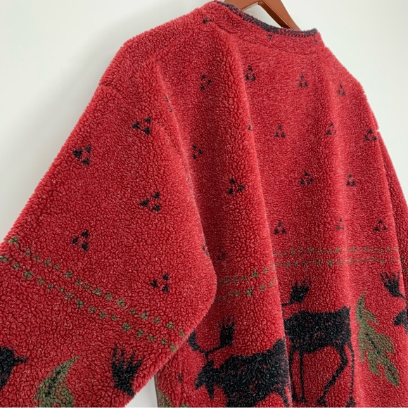 Alps Finest Quality Apparel Moose Print Winter Teddy Red Sweatshirt Size Large - Picture 8 of 16